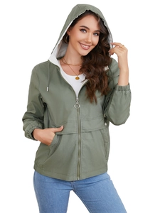 Women's army green hooded windbreaker jacket with zipper and white lining for casual wear