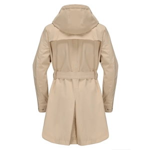 Back view of khaki hooded windbreaker featuring storm flap, waist belt and back slit detail