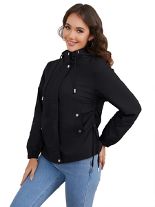 Women's casual black hooded windbreaker with adjustable drawstring waist and zip closure
