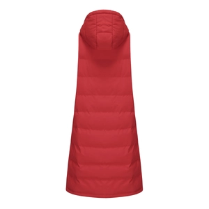 Back view of long hooded quilted red puffer vest with thick padding for winter