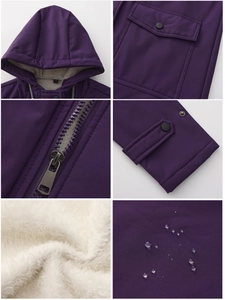 Detail view of purple hooded jacket showing water-repellent fabric and warm fleece lining