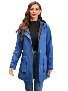 Detail of blue hooded rain jacket with charcoal lining, zipper and snap button closure