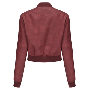 Rear view of burgundy faux leather oversized bomber jacket with ribbed cuffs and hem