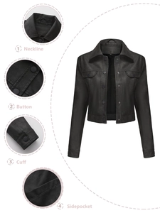 Women's black faux leather jacket with lapel collar, buttons and side pocket details