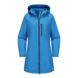 Details des blauen Windbreakers mit wasserdichten Reißverschlüssen und Klettverschlussbündchen