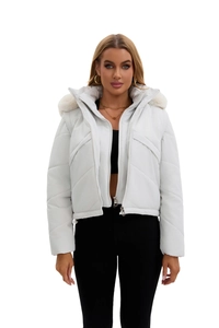 Short white hooded cotton puffer jacket with detachable fur collar and dual zipper design