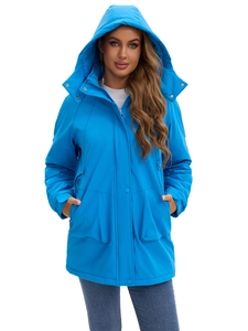 Women's bright blue winter parka jacket with a windproof hood and longline design