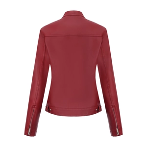 Rear view of a dark red faux leather jacket featuring a slim fit cut and back seam details