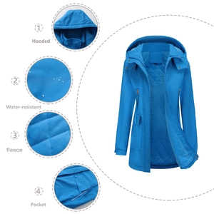 Close-up of water-resistant fabric and warm fleece lining on a blue women's hooded jacket