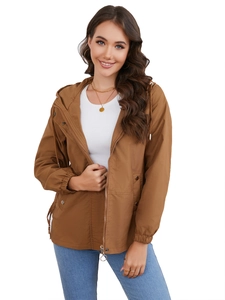 Women's caramel brown hooded windbreaker jacket with drawstring and pockets