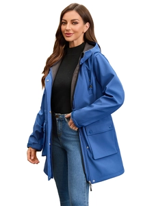 Close-up of royal blue waterproof jacket featuring large pockets and adjustable drawstring hood