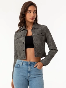 Short dark gray faux suede jacket with multiple pockets and button-front design for women