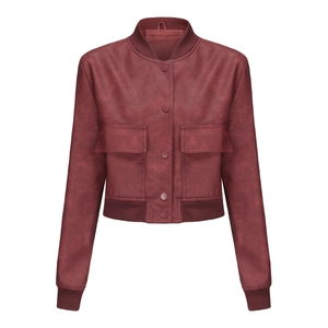 Detail of burgundy PU leather jacket with ribbed hem and oversized flap chest pockets