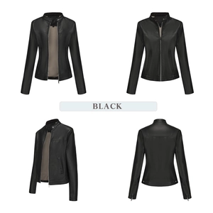 Detail view of black faux leather motorcycle jacket with stand collar and zipper