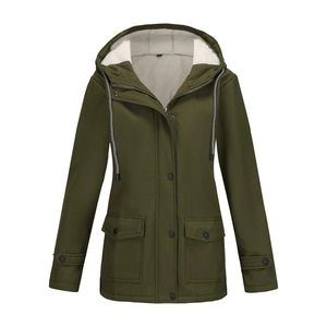 Detail view of army green hooded parka with white fleece lining and striped drawstrings