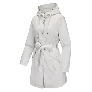 Detail of hooded water-resistant windbreaker featuring adjustable drawstring and waist belt