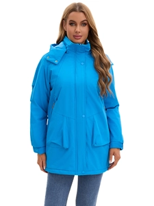 Detail of light blue windproof parka with a detachable hood and large flap pockets