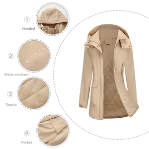 Detail view of khaki hooded jacket showing water-resistant fabric and warm fleece lining