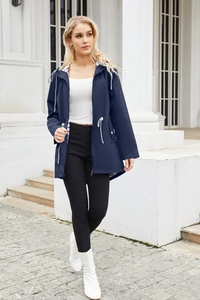 Navy blue hooded raincoat for women featuring striped lining and adjustable drawstring waist