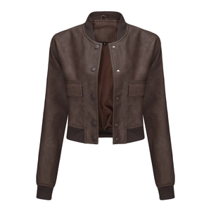 Detail of dark brown faux leather jacket featuring metal snap buttons and ribbed cuffs