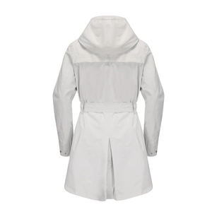 Rear view of white hooded windbreaker featuring adjustable waist belt and split back hem