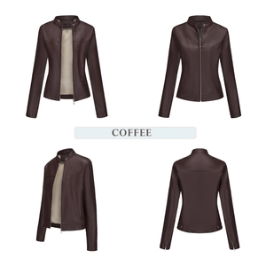 Detailed four-way views of coffee faux leather jacket with stand collar and metal zippers