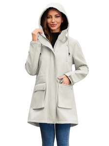 Detail of adjustable drawstring hood and large flap pockets on waterproof hooded rain coat