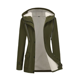 Detail of army green hooded parka showing warm white fleece lining and zipper closure