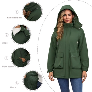 Close-up of women's dark green parka featuring removable hood and fleece quilted lining