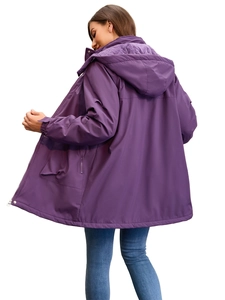 Women's deep purple hooded windproof hiking jacket with insulated quilted lining