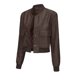 Detail of dark brown faux leather bomber jacket showing ribbed collar and snap buttons