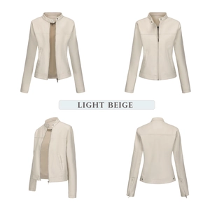Four-way view of a light beige slim fit faux leather jacket with a stand collar