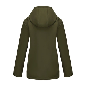 Back view of army green hooded windbreaker with water-resistant fabric and slim fit design