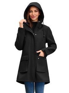 Detail of waterproof hooded jacket with adjustable drawstrings and large flap pockets