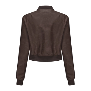 Back view of dark brown faux leather bomber jacket with ribbed cuffs and hem details