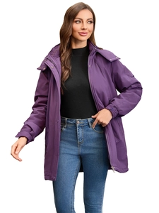 Detail of purple windproof parka showing dual zipper closure and velcro cuff adjustments