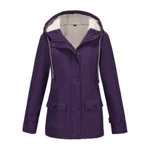 Detail of purple hooded windbreaker featuring warm white sherpa lining and zip-up closure
