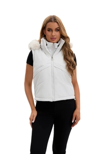 Detail of white hooded puffer vest featuring faux fur trim and V-shaped quilted pattern