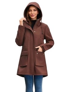 Deep brown waterproof hooded rain jacket with adjustable drawstrings and flap pockets