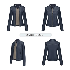Detailed views of dark blue slim-fit faux leather jacket with silver zippers and snap collar