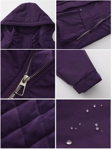 Detail view of water-repellent fabric, purple fleece lining, and metal zipper of the jacket