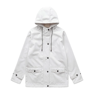 Detail of light grey waterproof hooded jacket with striped drawstrings and snap buttons