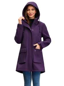Women's deep purple hooded rain jacket with adjustable drawstrings and large flap pockets