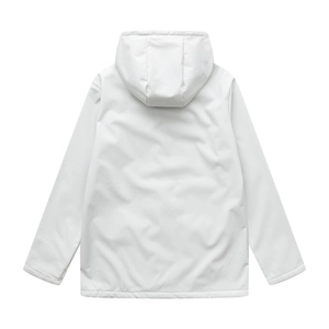 Detail view of the waterproof white hooded windbreaker back showing premium fabric texture