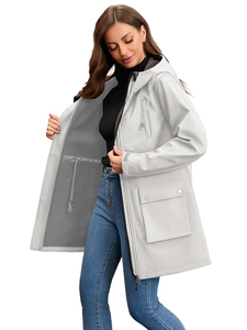 Women's mid-length waterproof hooded raincoat with adjustable waist drawstring in light grey