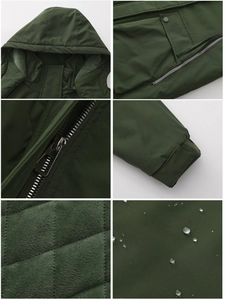 Detail view of water-resistant fabric, quilted lining, and metal zipper of the parka