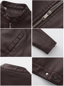 Detailed views of wine red faux leather jacket featuring stand collar and metal zipper