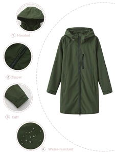 Women's dark green hooded windbreaker, water-resistant outdoor jacket with zipper pockets