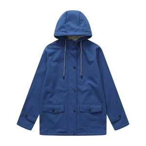 Detail of medium blue hooded windbreaker with black snap buttons and adjustable drawstrings