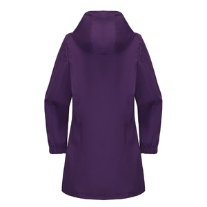 Rückansicht der wasserdichten Kapuzen-Outdoorjacke in Dunkellila mit elastischen Bündchen